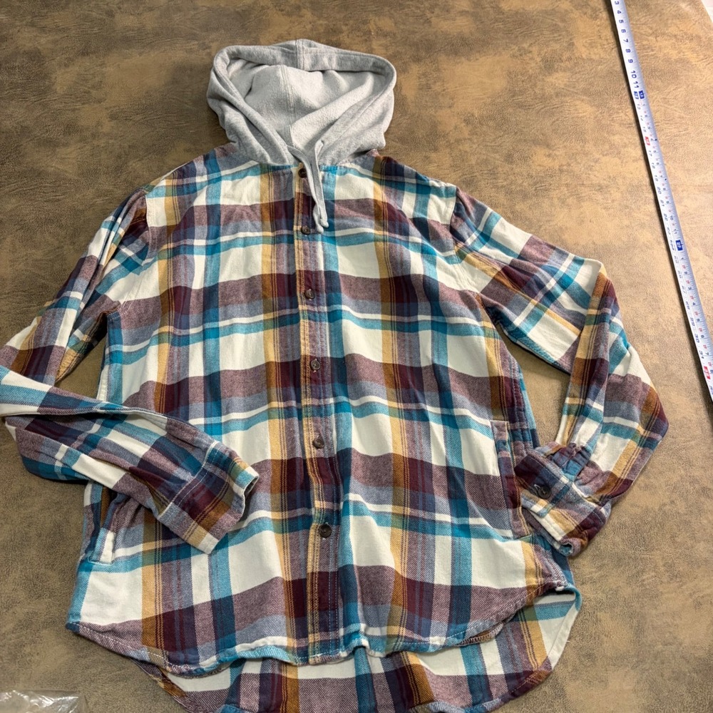 PacSun Flannel Hoodie Mens Size M Multicolor Plaid Button Down Long Sleeve Shirt